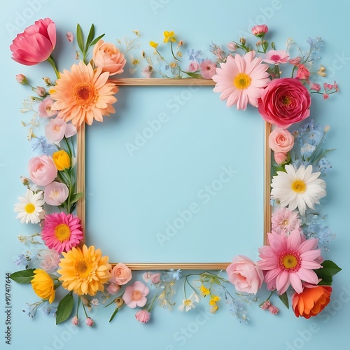 a beautiful frame with colorful flowers pink on clear pastel blue background. Springtime composition top view, Greeting card design for holiday, Mother's day, Easter, Valentine day. 