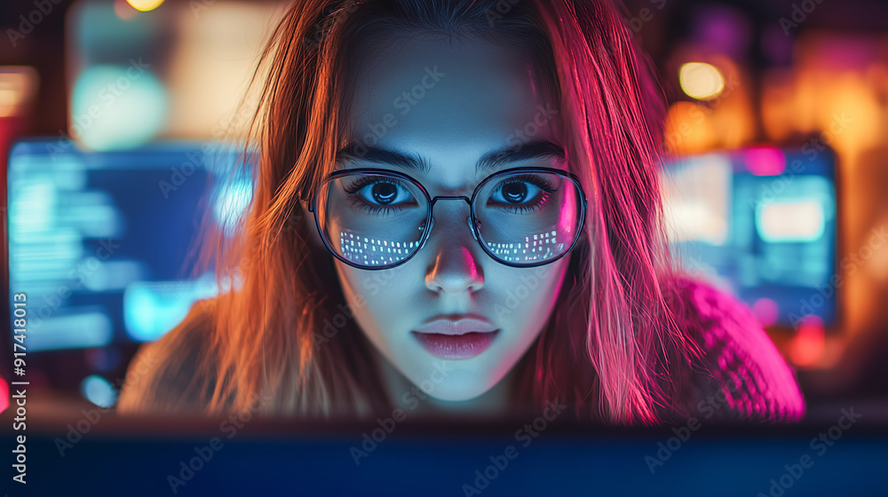 A woman IT specialist works at a monitor in the office A woman IT specialist works at a monitor in the office
