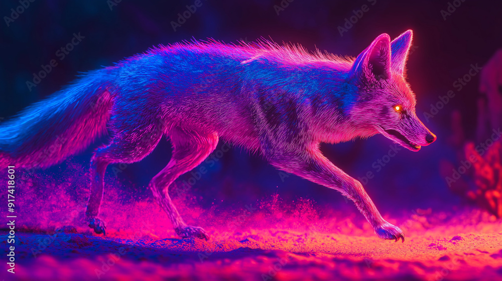 Fototapeta premium Glowing Coyote Sprinting Through a Neon Desert