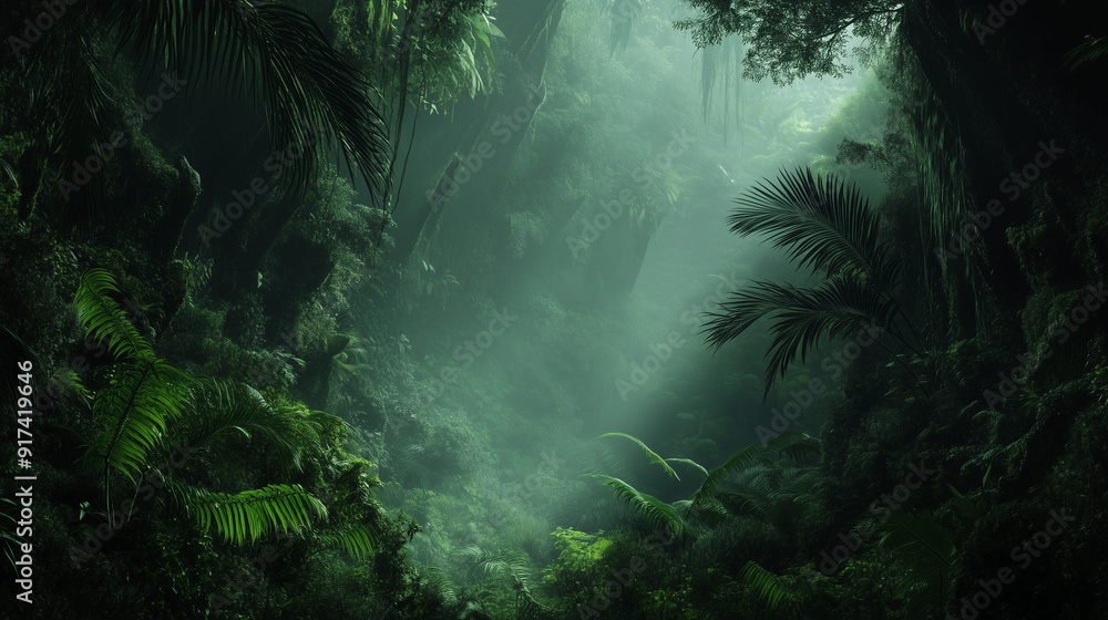 Obraz premium Mist rising from lush greenery in a rainforest setting