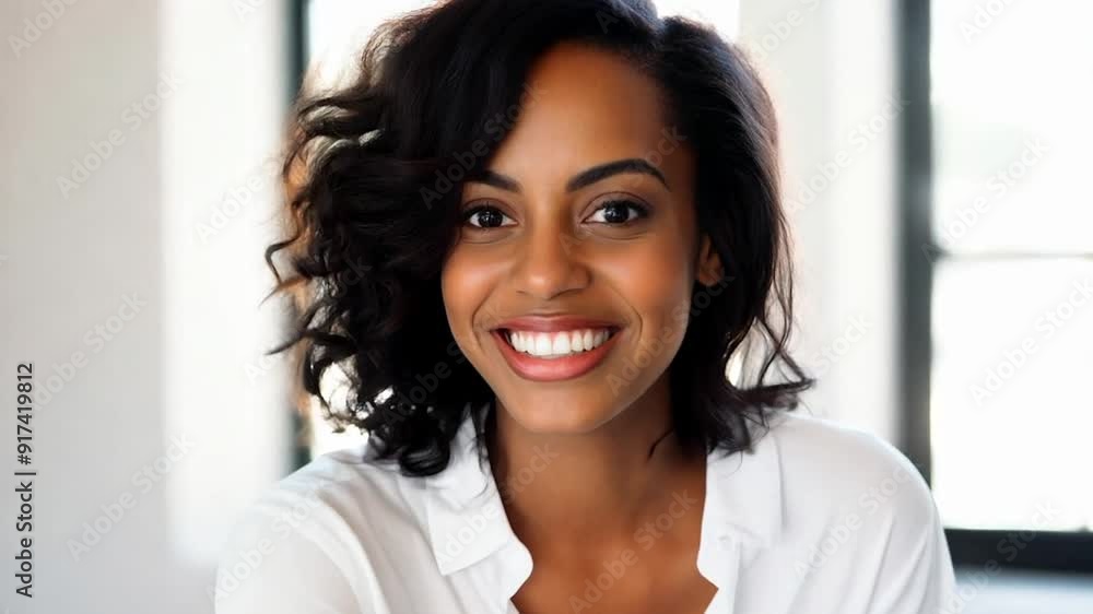 Woman smiling happy face portrait at home Woman smiling happy face portrait at home