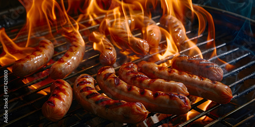 Fried sausages and sausages on the grill, subject photography, banner, top view,