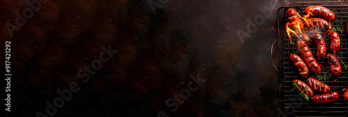 Fried sausages and sausages on the grill, subject photography, banner, top view, free space for text