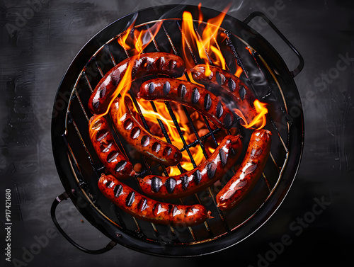 Fried sausages and sausages on the grill, subject photography, banner, top view,