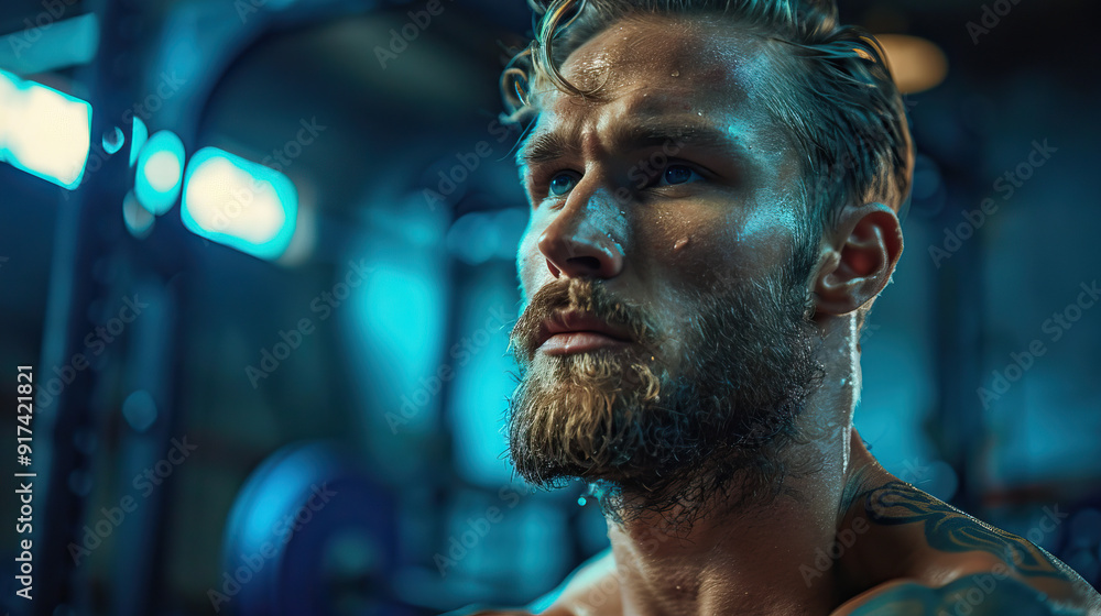 Intense portrait of a Caucasian man with a beard working out in a dimly lit gym Intense portrait of a Caucasian man with a beard working out in a dimly lit gym