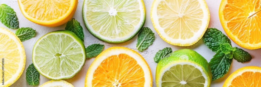 Obraz premium Assorted Yellow and Green Citrus Fruits Orange Lemon and Lime Slices with Mint