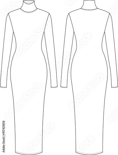 turtleneck high neck long sleeve body con long maxi midi elastic dress template technical drawing flat sketch cad mockup fashion woman design style model
