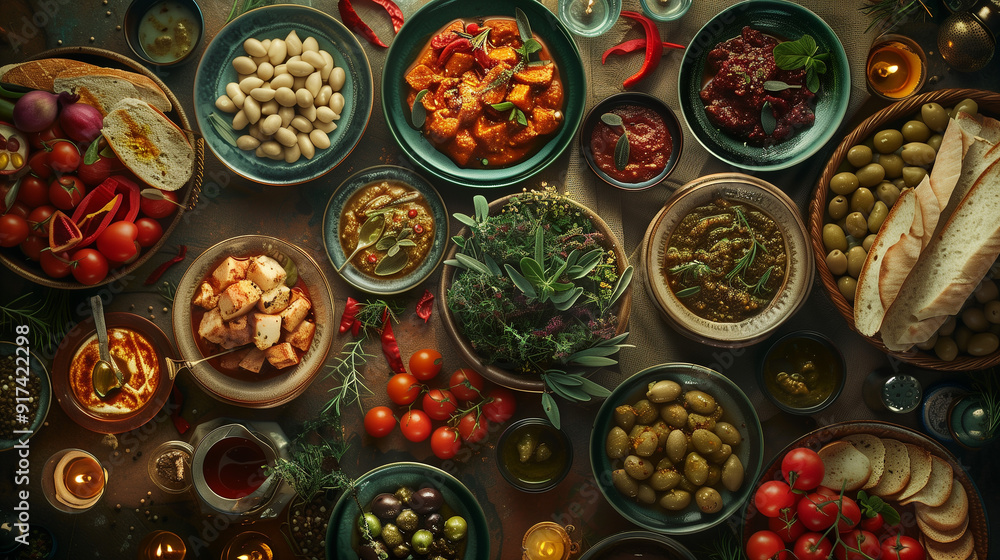 Various dishes gathered on a table in the meze style, presented in bowls and plates with different vegetables, olives, bread, sauces, and spices Various dishes gathered on a table in the meze style, presented in bowls and plates with different vegetables, olives, bread, sauces, and spices