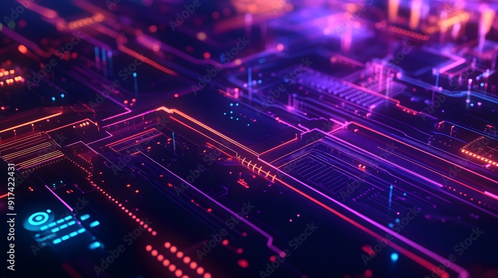 A sleek, dark background illuminated by glowing neon lines forming intricate geometric patterns, with digital elements such as floating data streams and circuitry in vibrant blues and purples A sleek, dark background illuminated by glowing neon lines forming intricate geometric patterns, with digital elements such as floating data streams and circuitry in vibrant blues and purples