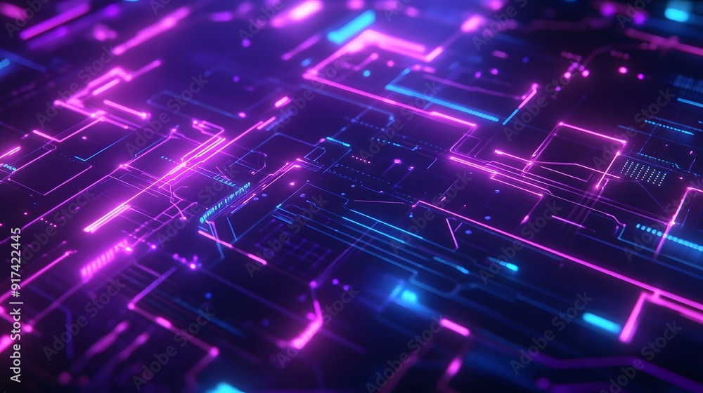 A sleek, dark background illuminated by glowing neon lines forming intricate geometric patterns, with digital elements such as floating data streams and circuitry in vibrant blues and purples A sleek, dark background illuminated by glowing neon lines forming intricate geometric patterns, with digital elements such as floating data streams and circuitry in vibrant blues and purples