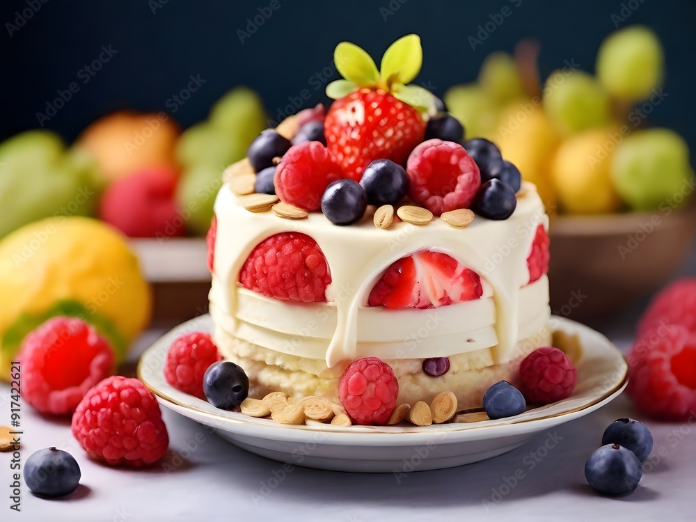 Sponge cake with strawberries, blueberries and cream Sponge cake with strawberries, blueberries and cream