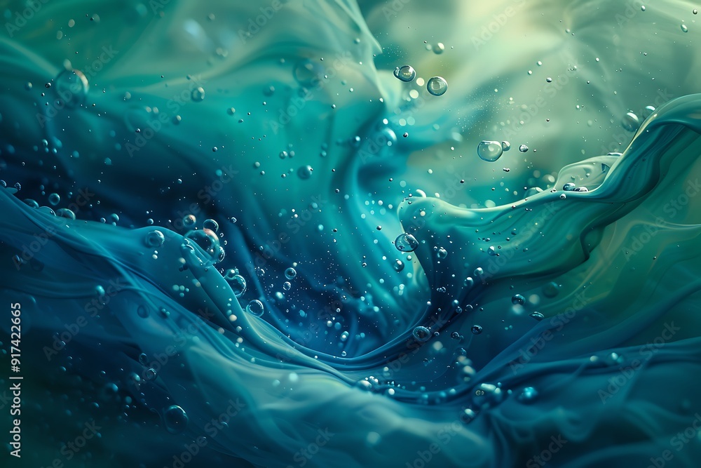 Abstract underwater scene, fluid shapes and bubbles, shades of blue and green, serene and mysterious composition, evokes depth and tranquility, soft lighting Abstract underwater scene, fluid shapes and bubbles, shades of blue and green, serene and mysterious composition, evokes depth and tranquility, soft lighting