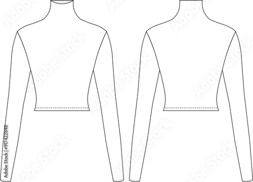 turtleneck high neck long sleeve cropped crop blouse top sweater knitwear template technical drawing flat sketch cad mockup fashion woman design style model 
