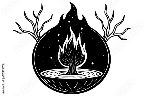 Fire that is in black color in the middle of a water ball all of this inside a tree and all of this inside human heart vector illustration