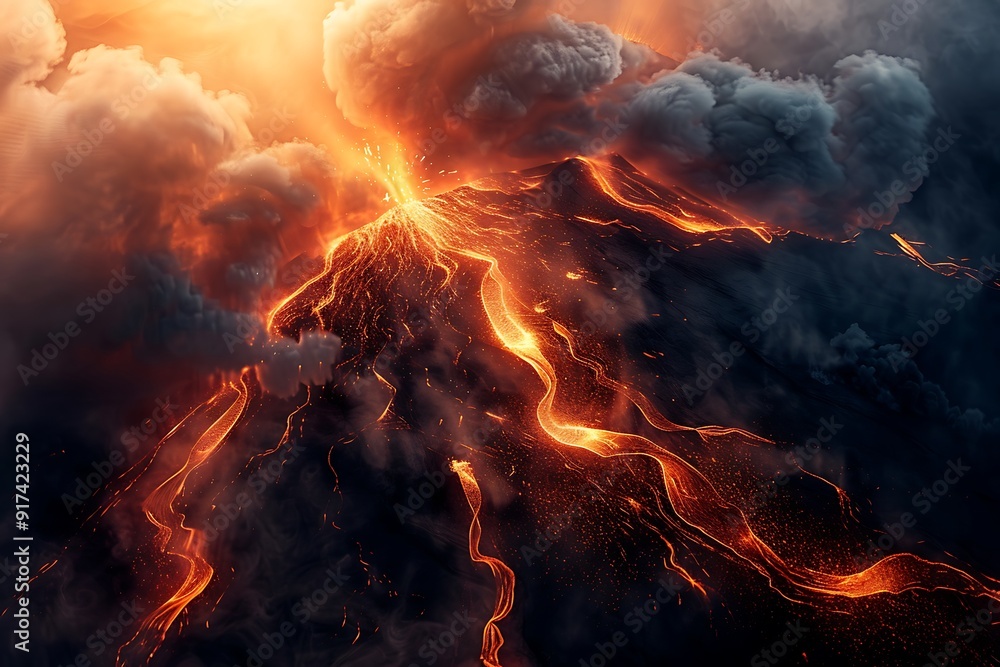 custom made wallpaper toronto digitalAbstract volcano, flowing lava and ash clouds, warm tones with bright highlights, dynamic and powerful composition, evokes intensity and danger, dark smoke