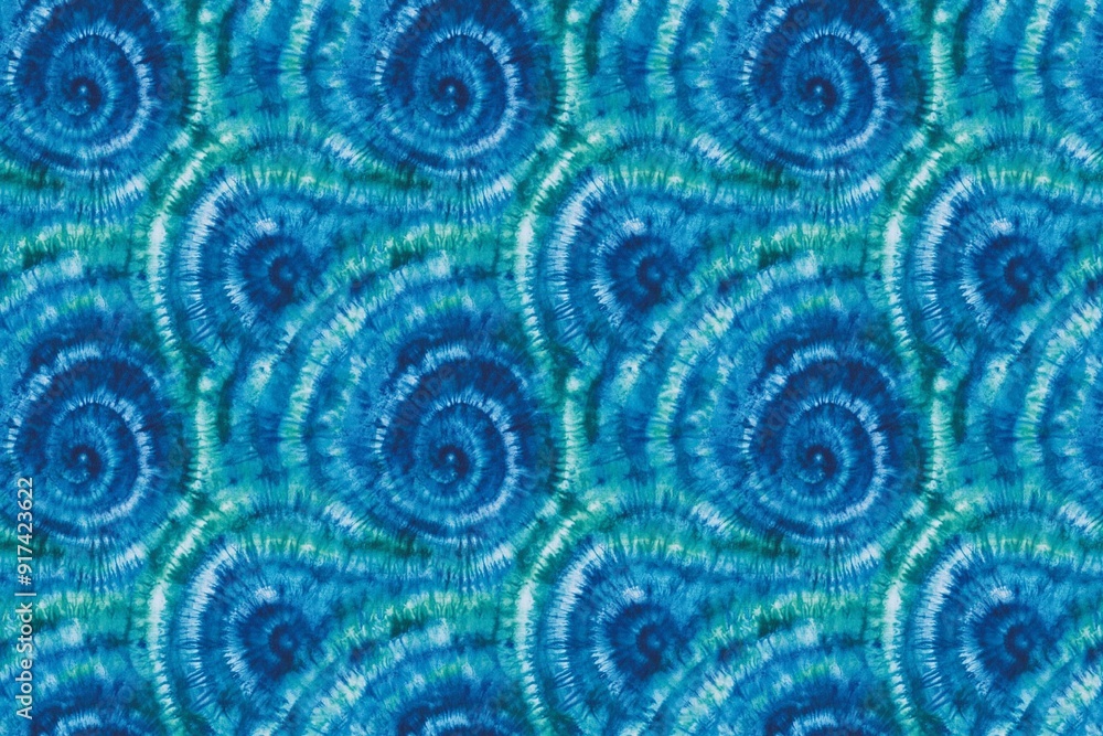 A serene blue and green tie-dye fabric pattern with peaceful spirals A serene blue and green tie-dye fabric pattern with peaceful spirals