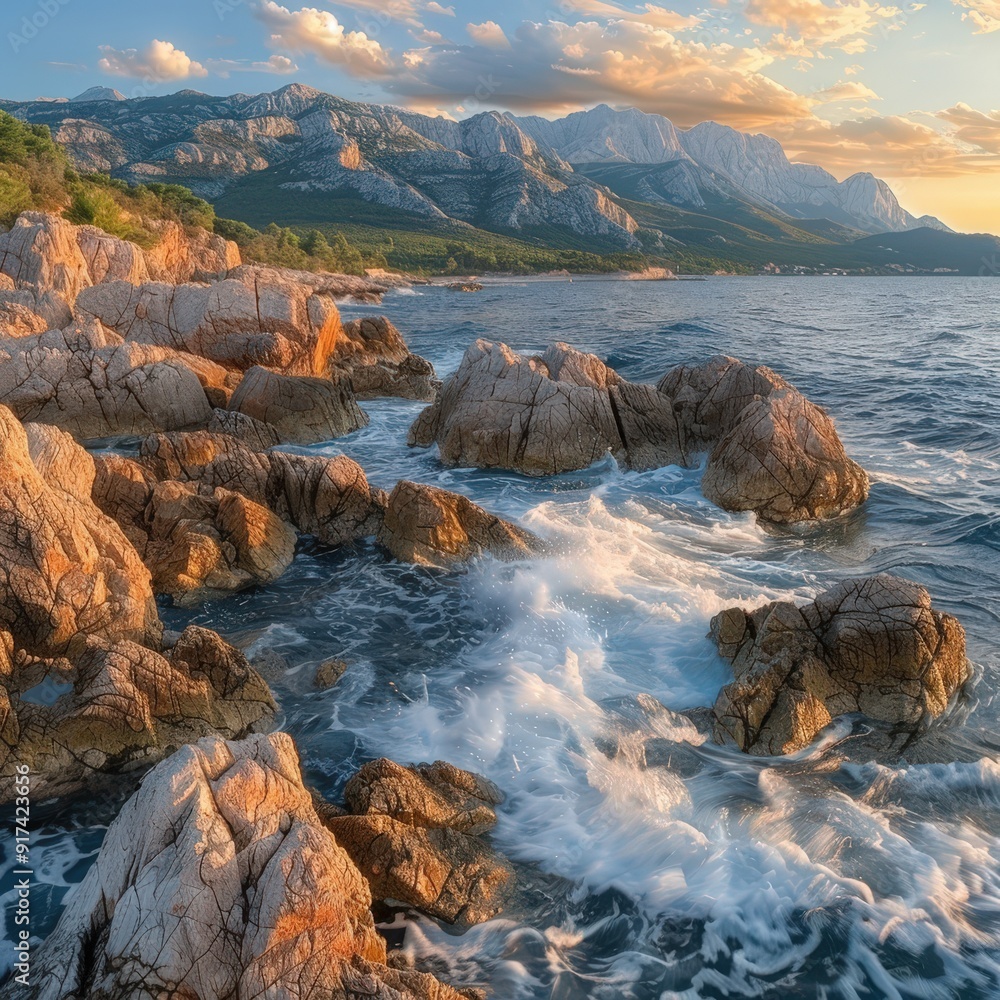 Obraz premium Rocky coastline at sunset with mountains in the background