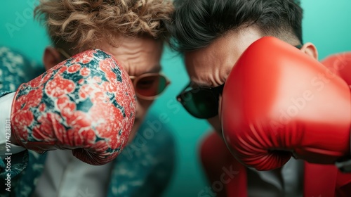 An image portraying two individuals standing face-to-face, each wearing boxing gloves and preparing to spar, emphasizing the competitive and resilient nature of the sport. photo