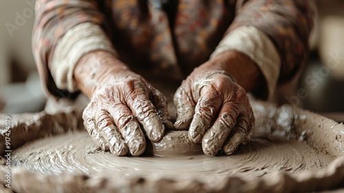 An individual's hands, covered in wet clay, are shown working a new shape on the pottery wheel, showcasing the intricate process of transforming raw material into functional art. photo