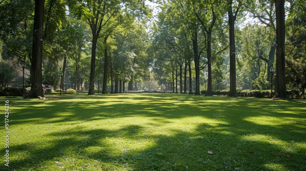 Naklejka premium Peaceful park with lush lawns and tall trees during daytime