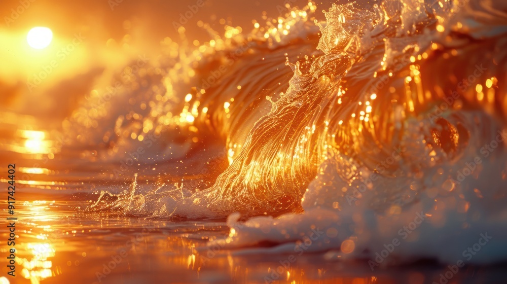 Naklejka premium Waves brightened by the golden rays of the rising sun