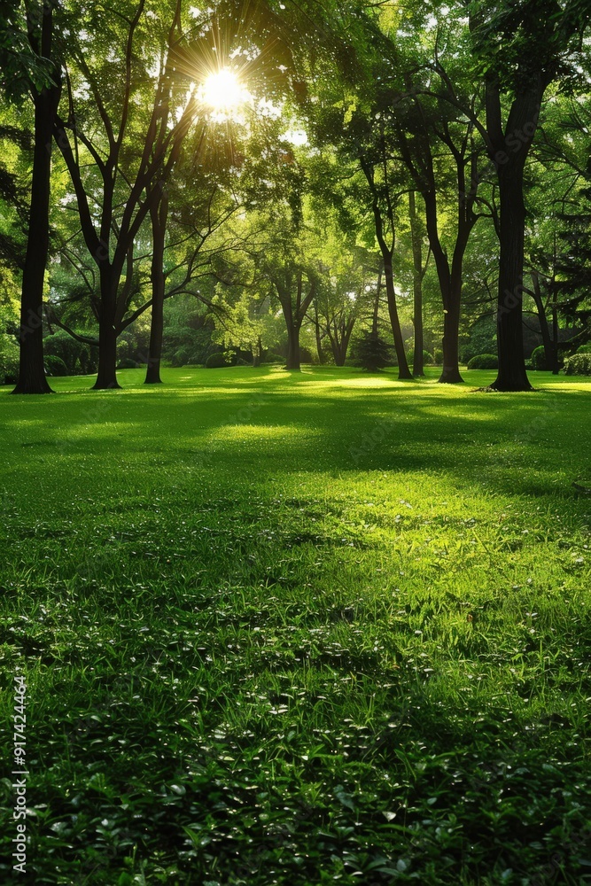 Lush green park with vibrant lawn and sunlight filtering through trees Lush green park with vibrant lawn and sunlight filtering through trees