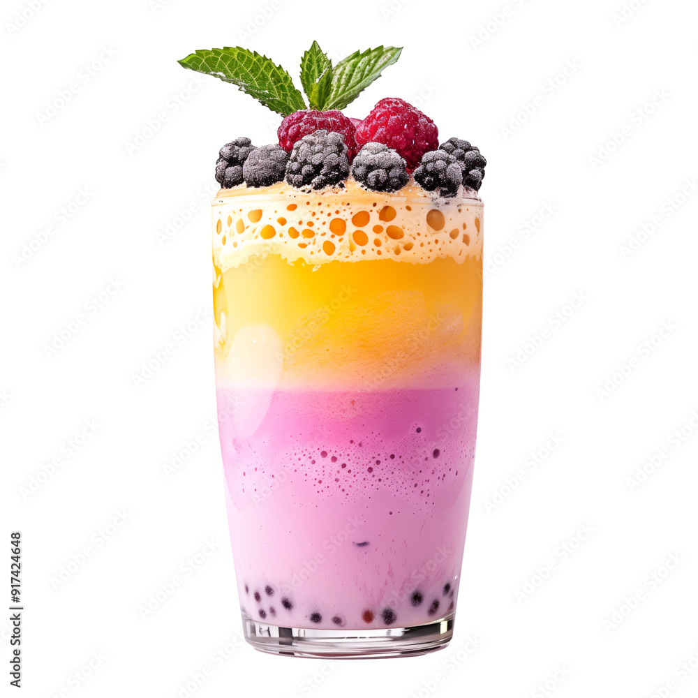 Bubble tea drink that features tapioca pearls and ice isolated on white transparent background.