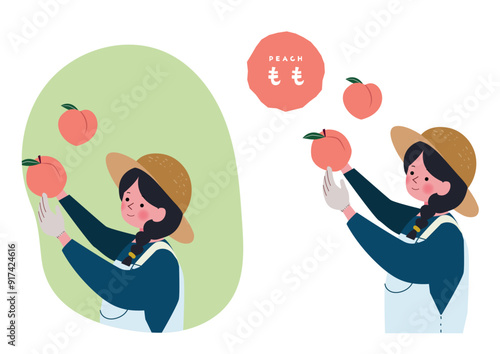 桃を収穫する女の子のイラスト