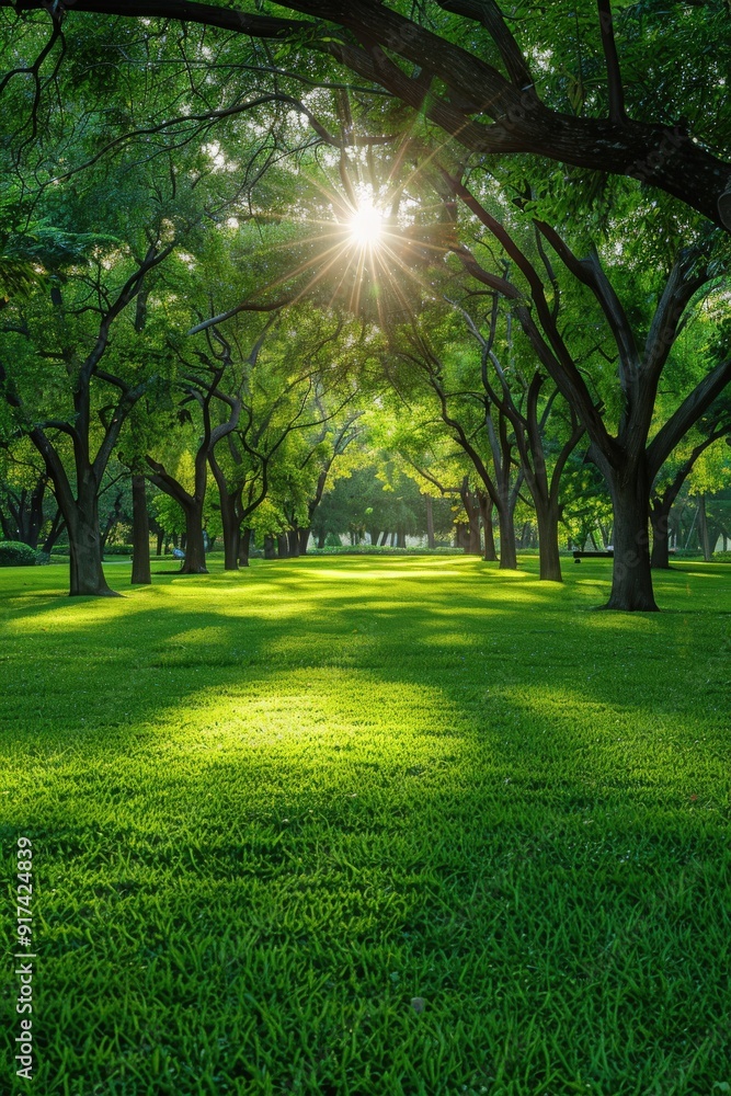 Fototapeta premium Lush green park with sunlight filtering through trees in early morning