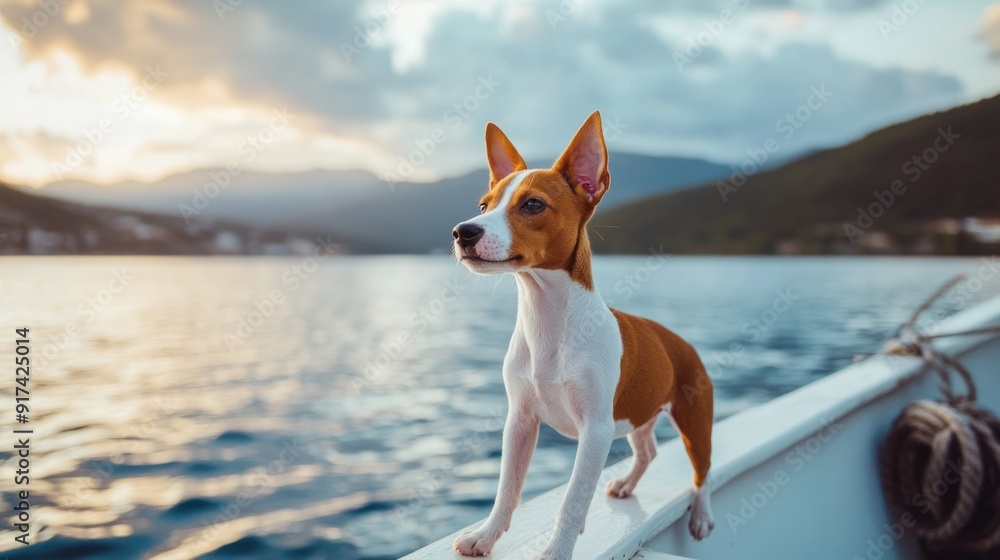 A Small Brown and White Dog Standing on a Boat at Sunset A Small Brown and White Dog Standing on a Boat at Sunset