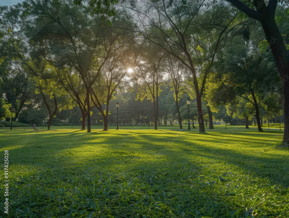 Fototapeta premium Sunny afternoon in a lush park with manicured lawns and trees
