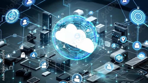 A cloud computing platform with various devices connected to it, showcasing the data transfer and storage capabilities of cloud technology. Datum, digital, science, no people, computer.