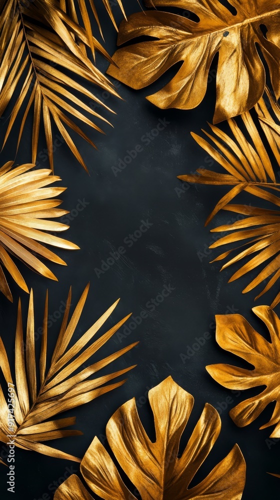 Golden tropical leaves on dark background Golden tropical leaves on dark background