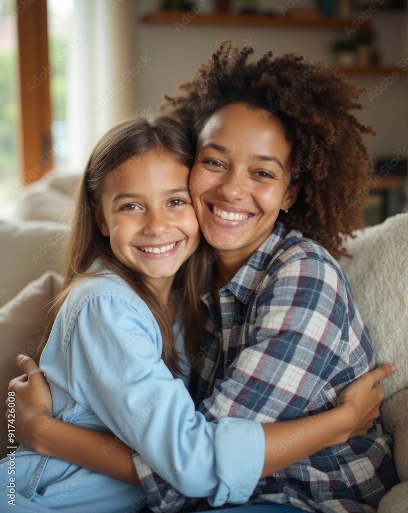 A joyful mother and daughter share a warm embrace, smiling brightly together, capturing the essence of familial love and connection in a cozy home setting. A joyful mother and daughter share a warm embrace, smiling brightly together, capturing the essence of familial love and connection in a cozy home setting.