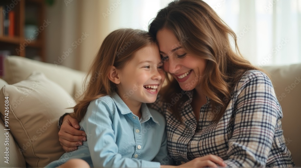 A joyful mother and daughter share a warm embrace, smiling brightly together, capturing the essence of familial love and connection in a cozy home setting. A joyful mother and daughter share a warm embrace, smiling brightly together, capturing the essence of familial love and connection in a cozy home setting.