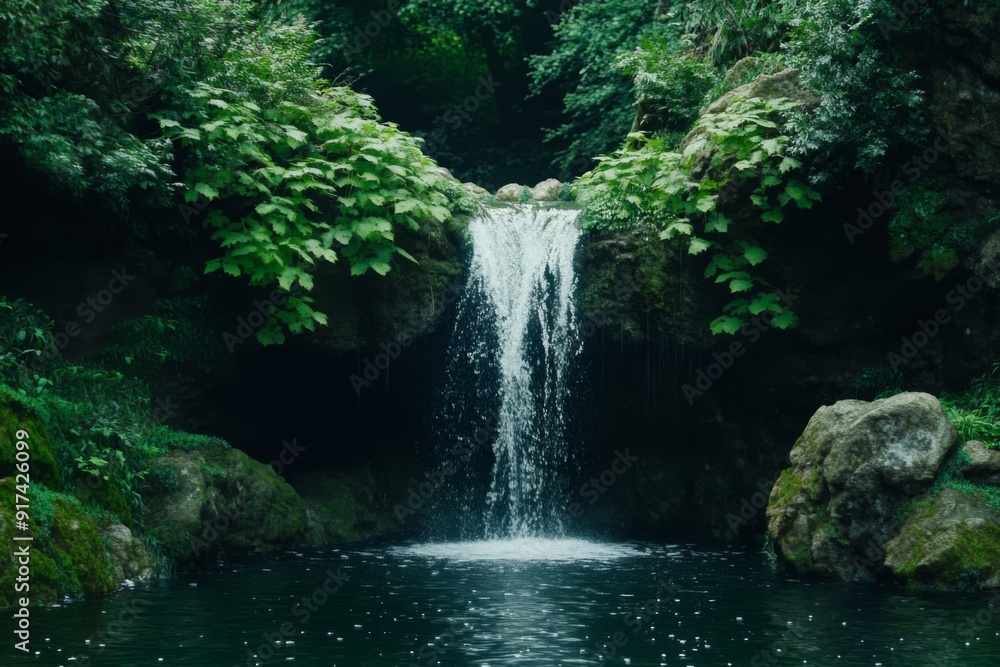 Tranquil Escape: A Majestic Waterfall Cascades into a Dark Pool ...