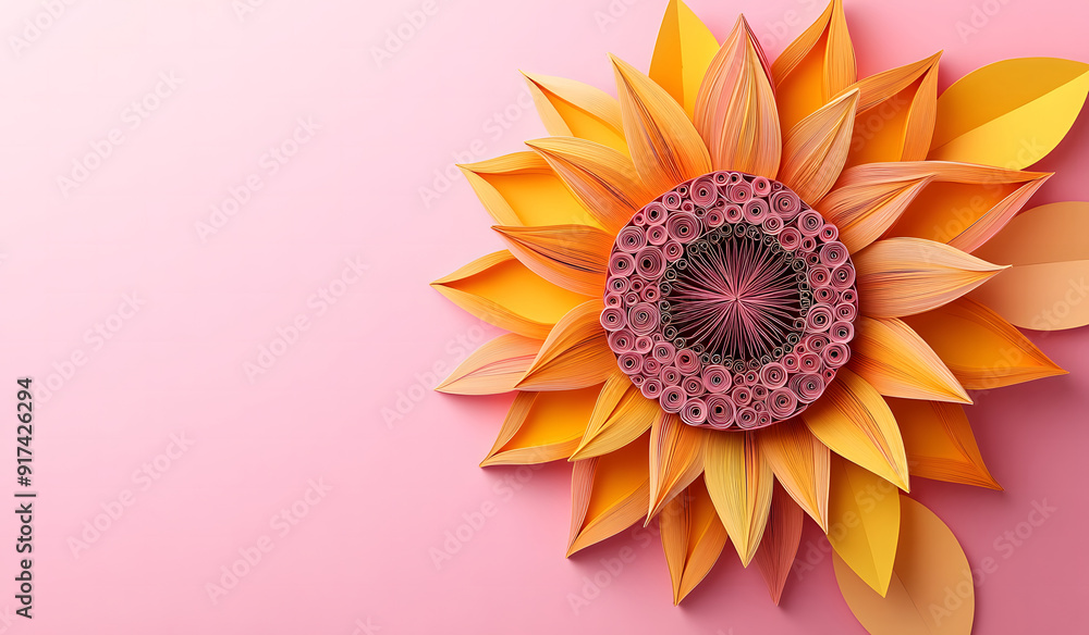 Paper quilling sunflower isolated on pink background design Paper quilling sunflower isolated on pink background design