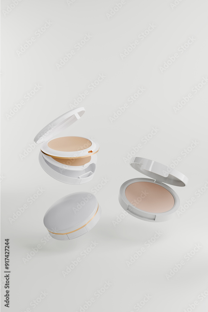 Powder box flying over white background . Beauty and fashion concept. 3d render Powder box flying over white background . Beauty and fashion concept. 3d render
