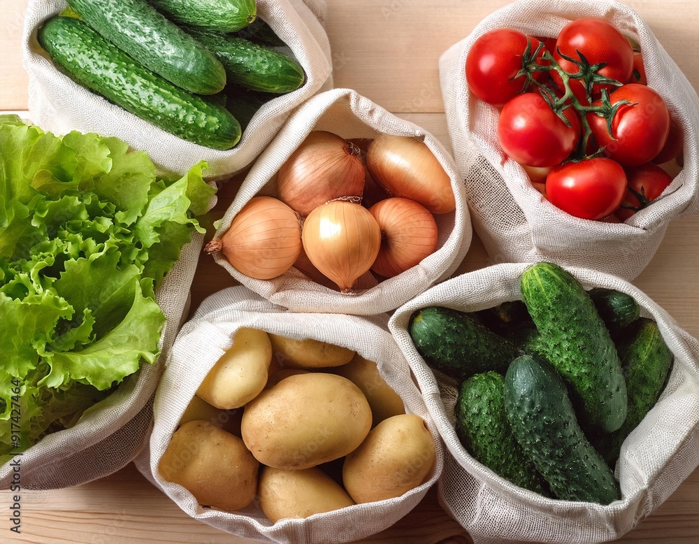 Vegetables in ecological fabric bags Vegetables in ecological fabric bags