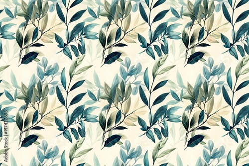 Wallpaper Mural Vintage-style botanical pattern with serene tropical leaves in green and blue hues Torontodigital.ca