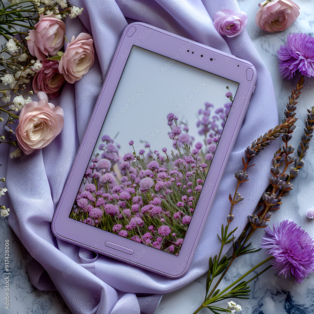 Purple Tablet Resting on Silk Puple Fabric Surrounded by Roses and Lavender Purple Tablet Resting on Silk Puple Fabric Surrounded by Roses and Lavender
