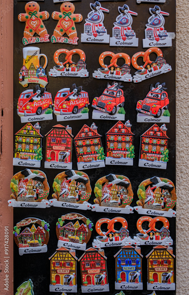 Fototapeta premium Magnets with Alsatian half timber houses at a souvenir store, Colmar, France