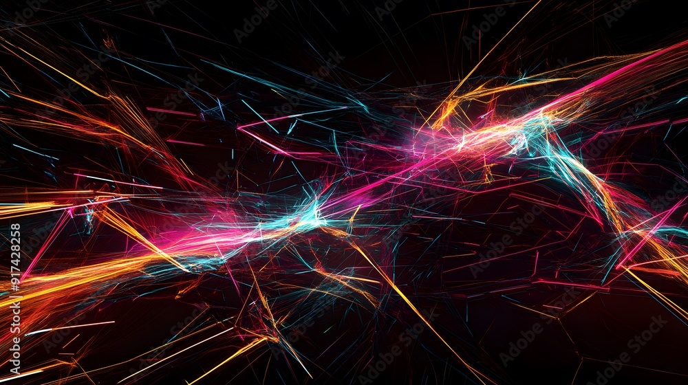 A complex network of interconnected glowing lines and abstract digital shapes in neon colors, set against a deep black background, evoking a high-tech, cybernetic atmosphere A complex network of interconnected glowing lines and abstract digital shapes in neon colors, set against a deep black background, evoking a high-tech, cybernetic atmosphere