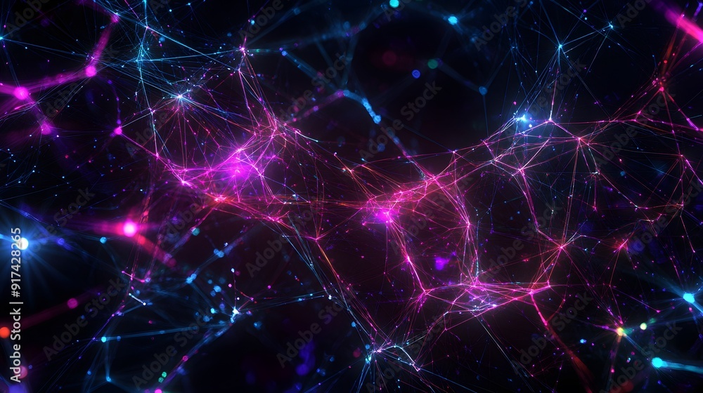 A complex network of interconnected glowing lines and abstract digital shapes in neon colors, set against a deep black background, evoking a high-tech, cybernetic atmosphere A complex network of interconnected glowing lines and abstract digital shapes in neon colors, set against a deep black background, evoking a high-tech, cybernetic atmosphere