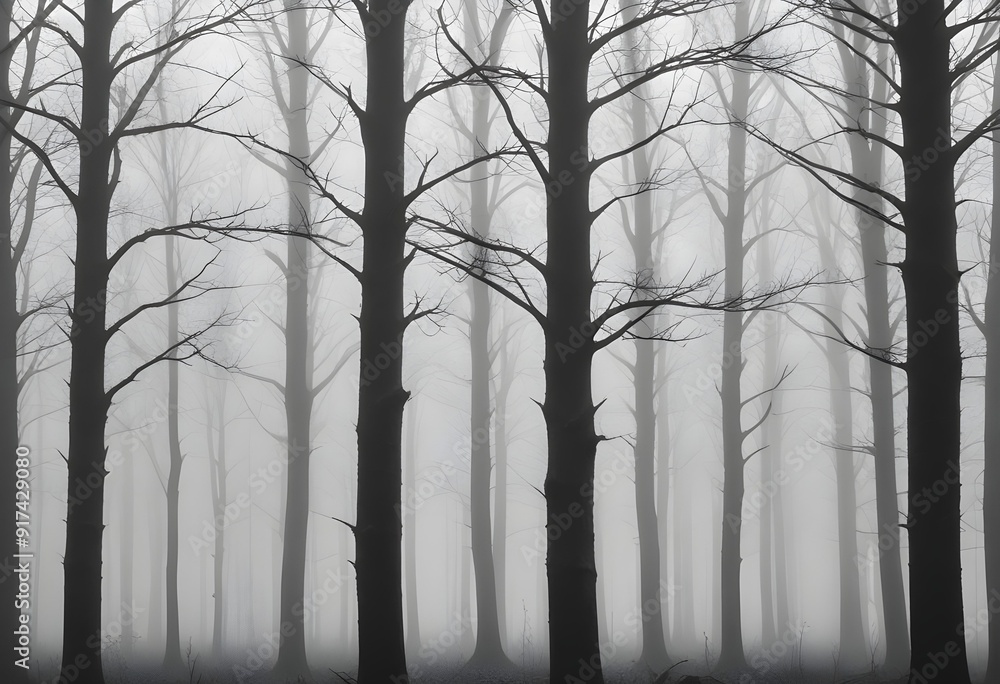Obraz premium Bare trees in a foggy forest , with the trunks and branches visible against the mist