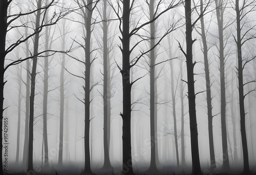 Bare trees in a foggy forest , with the trunks and branches visible against the mist photo