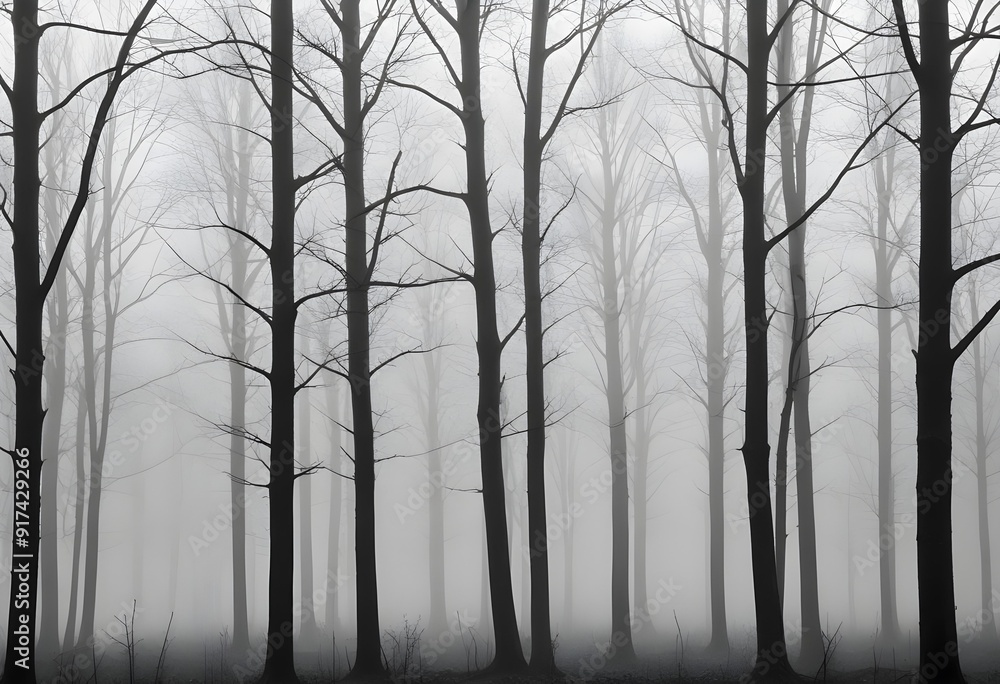 Obraz premium Bare trees in a foggy forest , with the trunks and branches visible against the mist