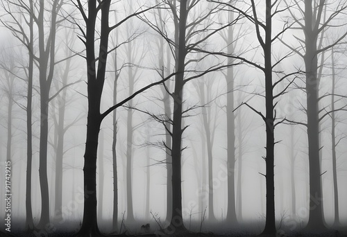 Bare trees in a foggy forest , with the trunks and branches visible against the mist photo