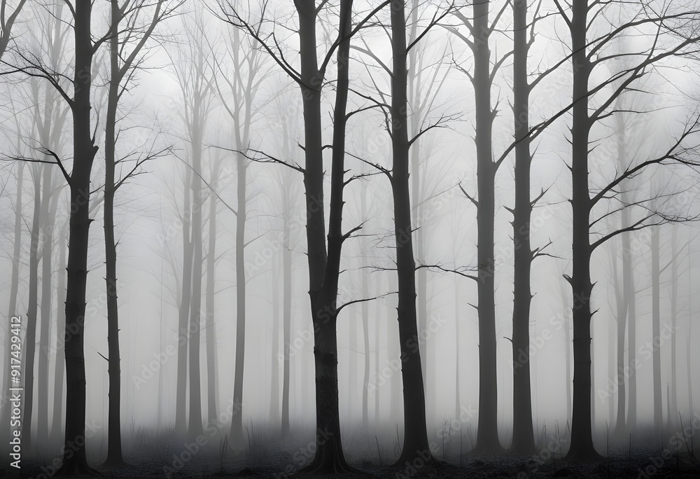 Obraz premium Bare trees in a foggy forest , with the trunks and branches visible against the mist