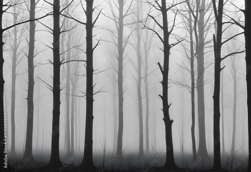 Obraz premium Bare trees in a foggy forest , with the trunks and branches visible against the mist